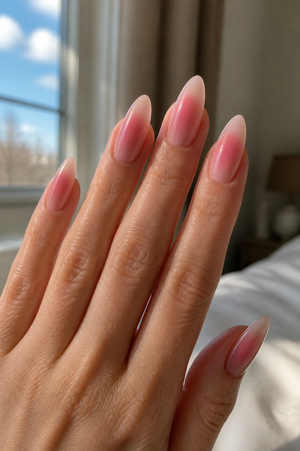 Close-up of long almond nails with a subtle blush halo on a real hand.