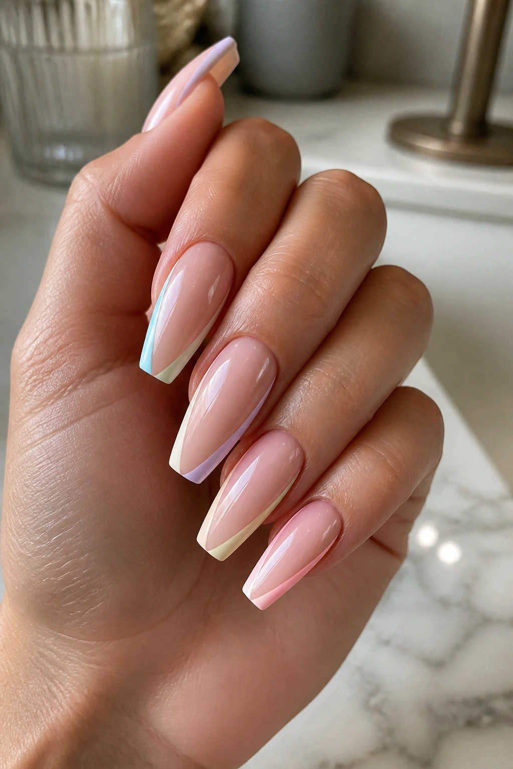 Real hand with blush nude coffin nails and pastel side French