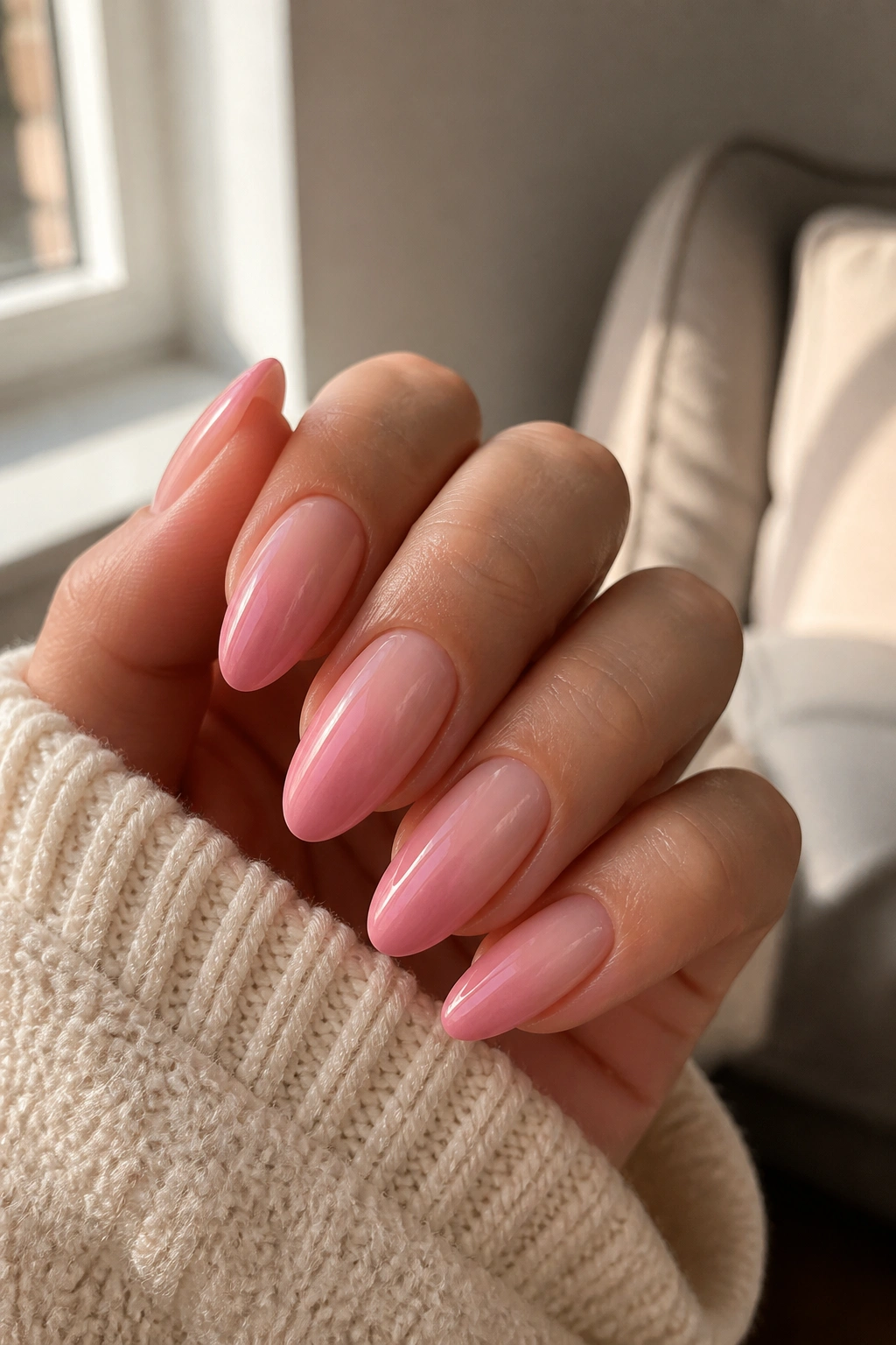 Close-up of an almond nail with blush to pink ombre