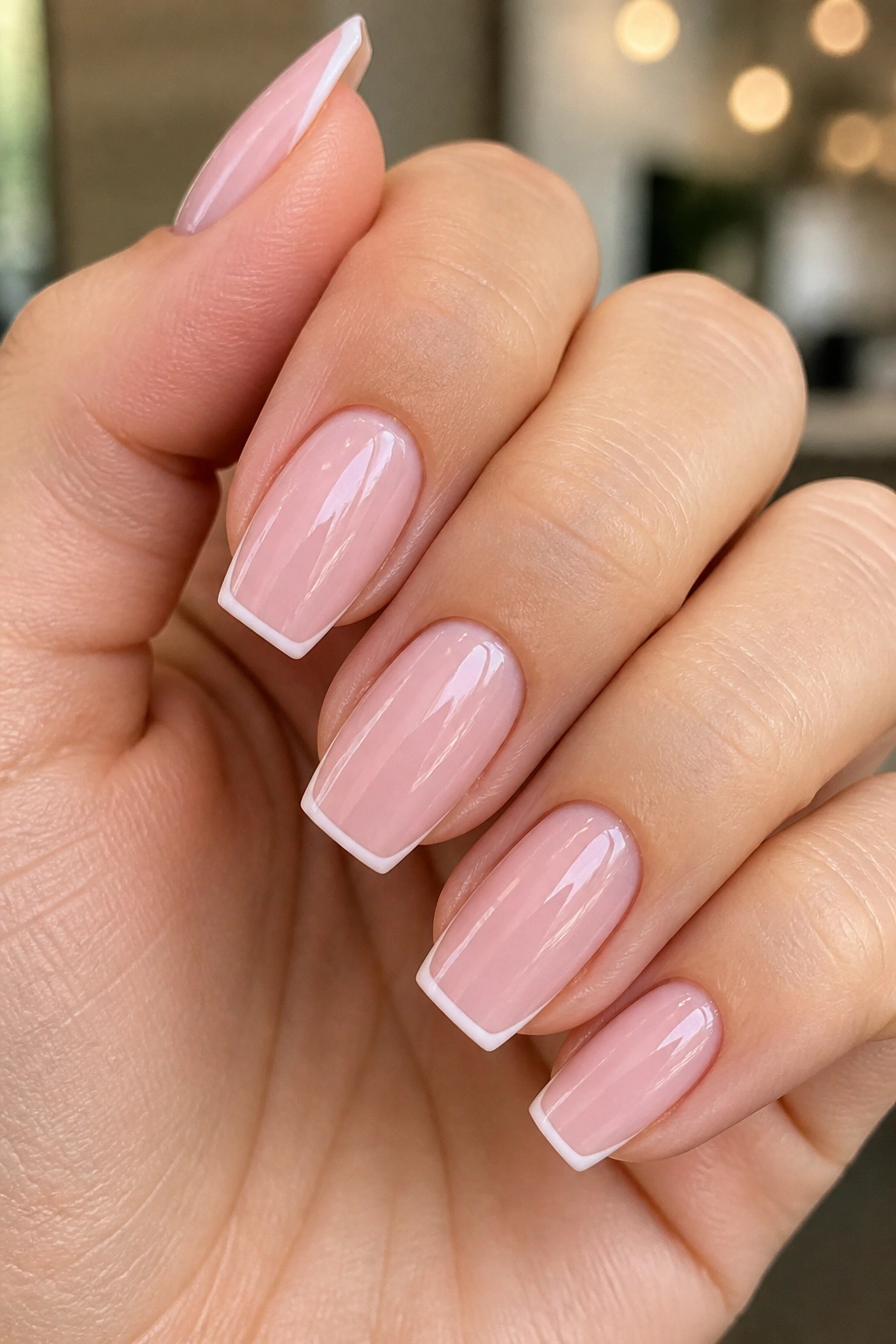 Blush pink coffin nails with a slim white micro-French line