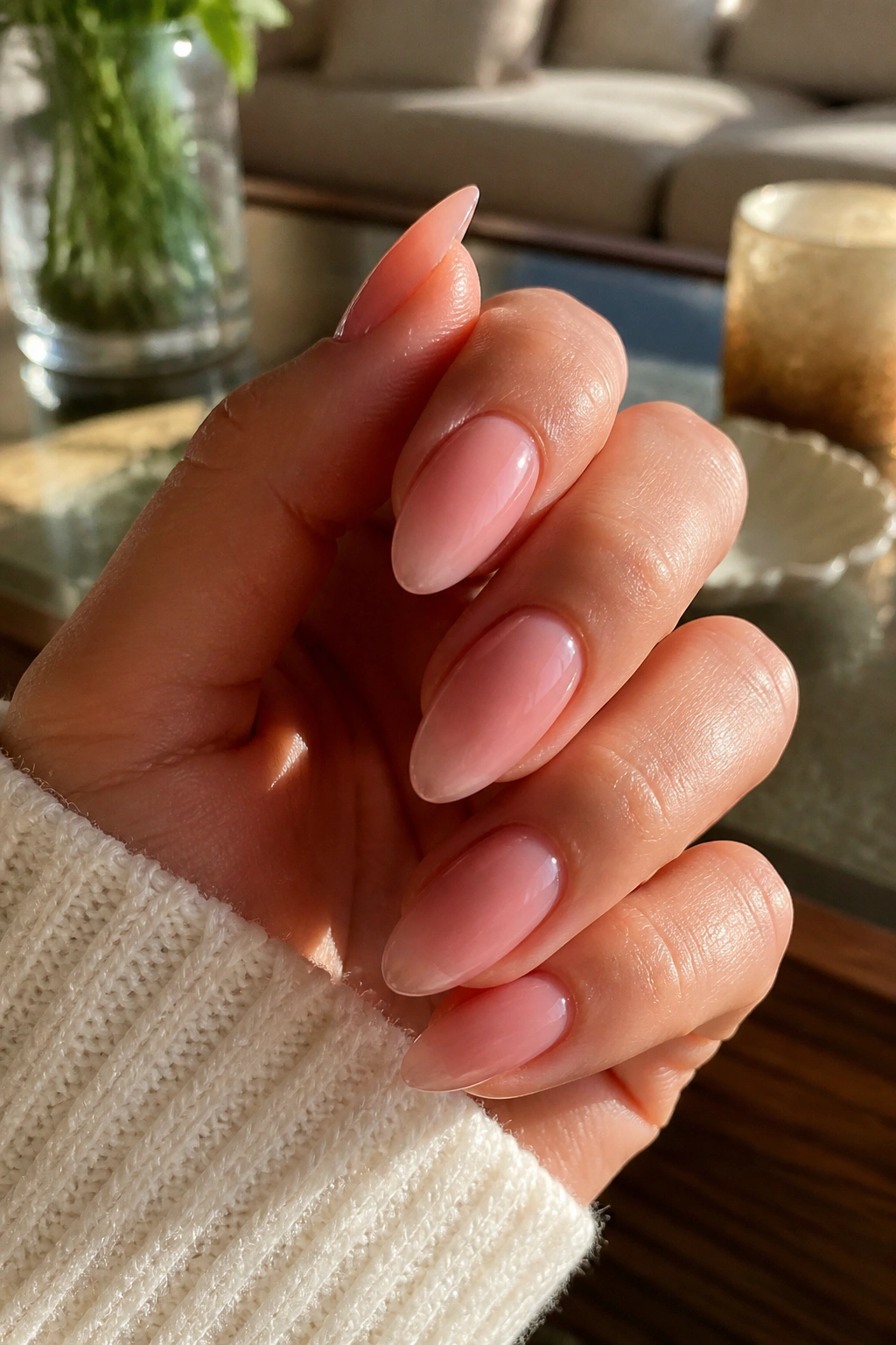 Close-up of real hand with blush pink jelly almond nails in translucent finish
