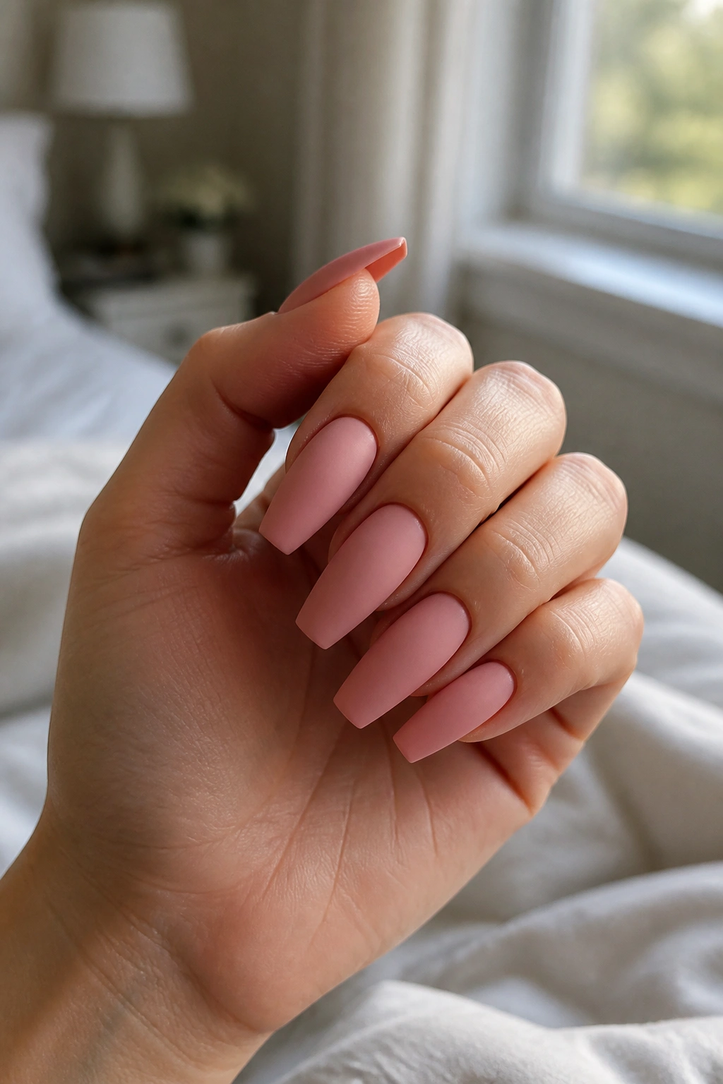 Close-up of real hand with blush pink matte coffin nails in soft natural light