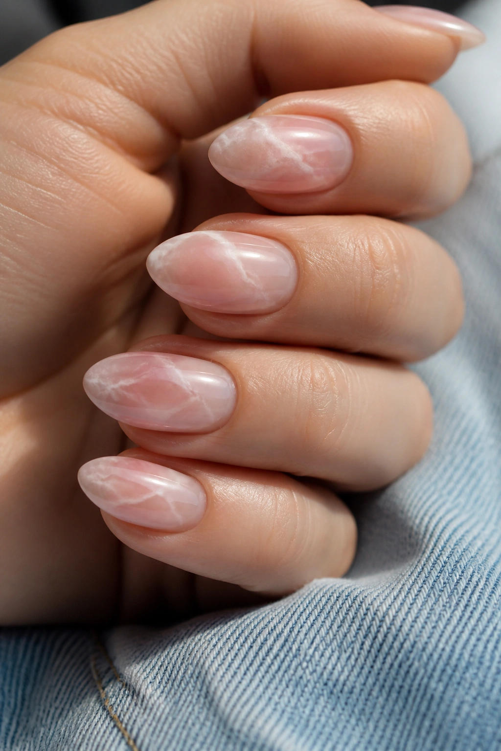 Almond nails with blush pink quartz marble on a real hand