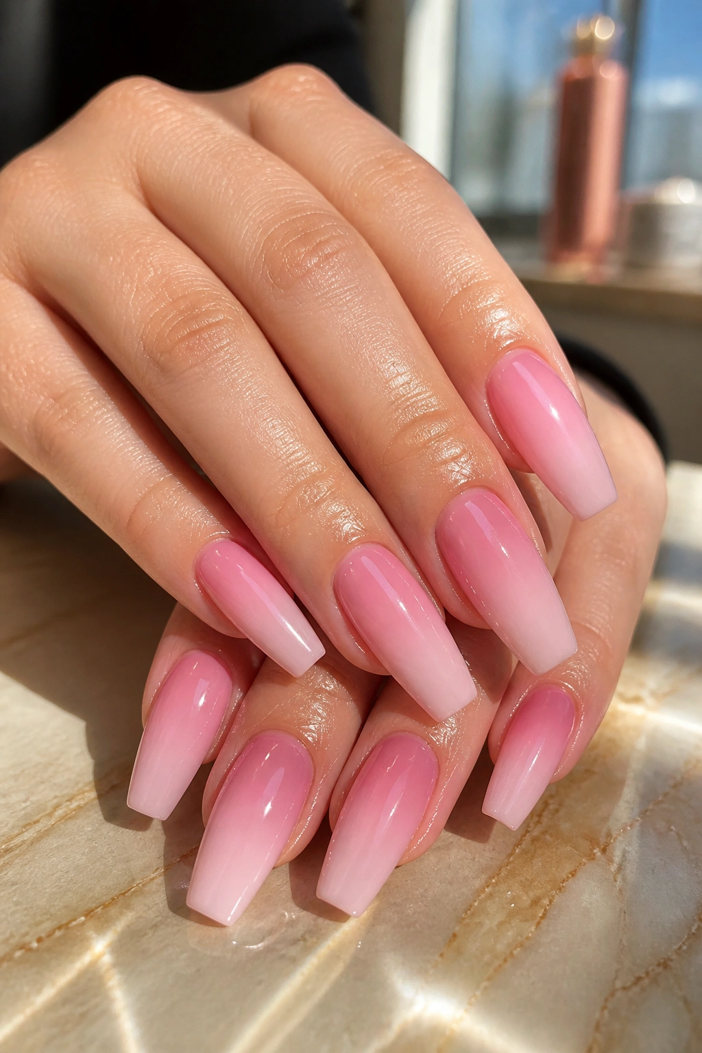 Close-up of blush pink ombré coffin nails on a real hand with glossy finish