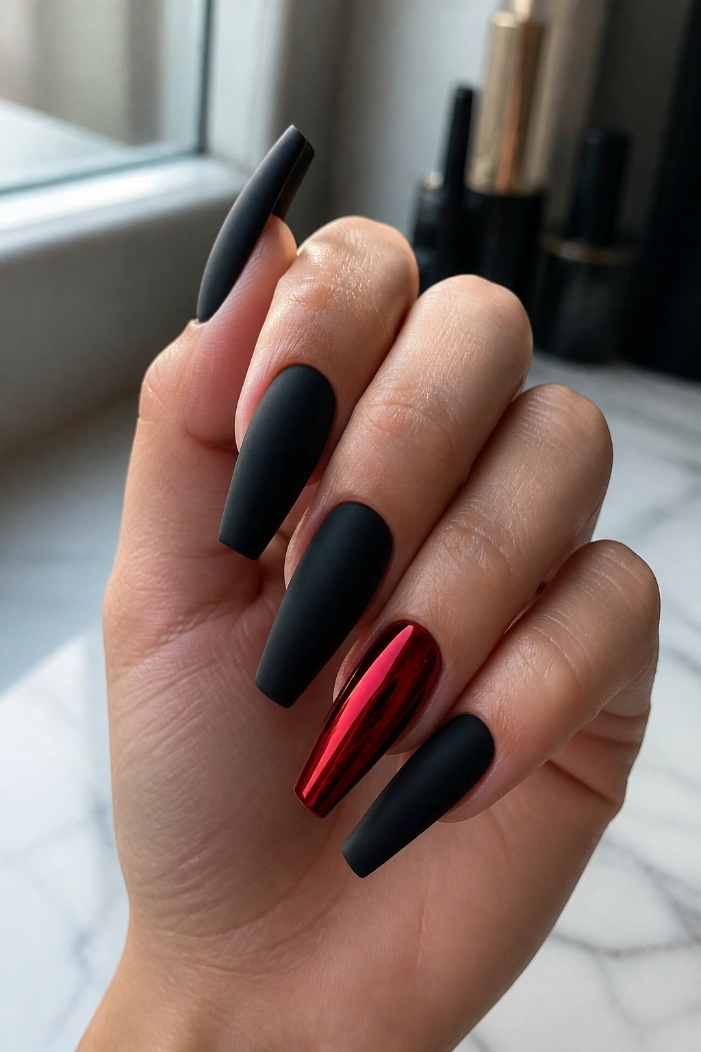 Close-up of a bold coffin nail set with clean, uncluttered design