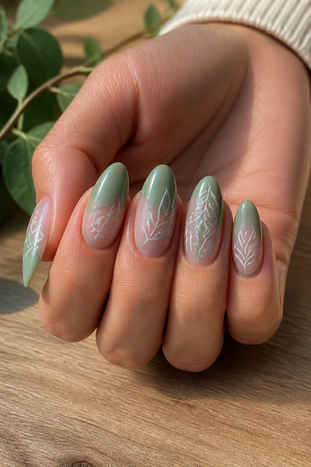 Almond nails with delicate botanical leaf art on a real hand