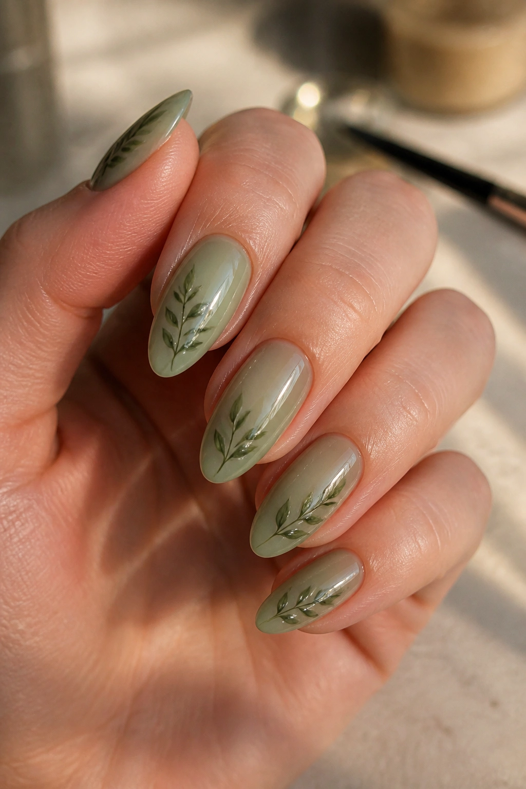 Botanical leaf art on sheer green almond nails