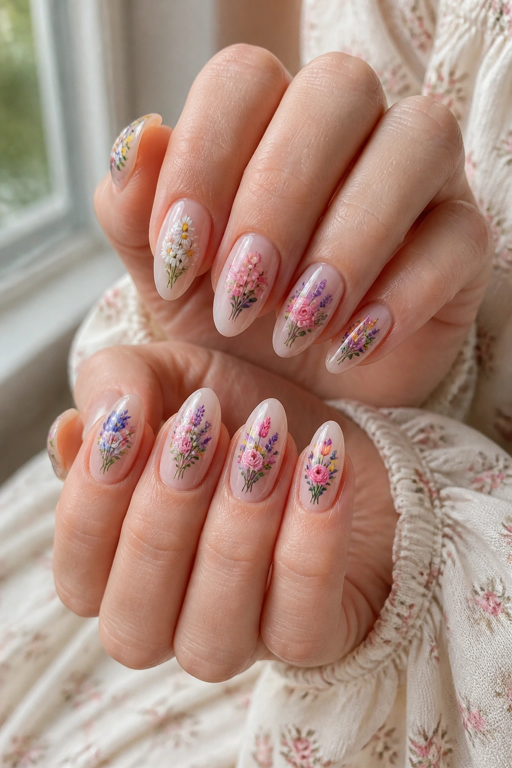Close-up of almond nails each with a tiny spring bouquet in pastel colors on milky nude base