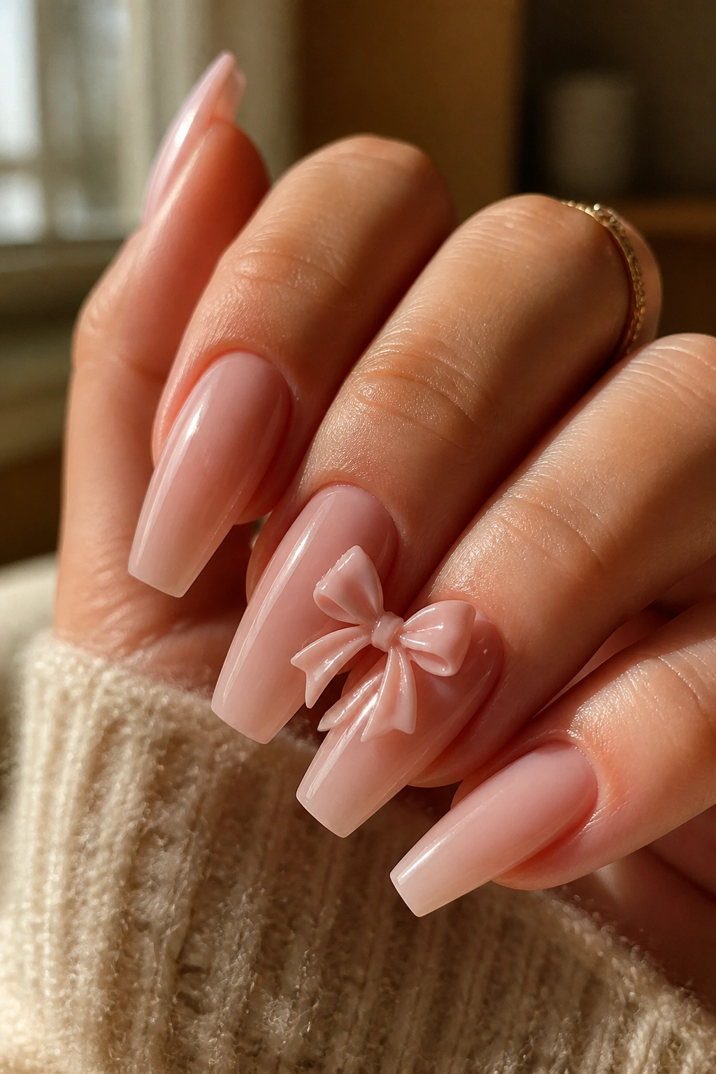 Close-up of bow coffin nails on a real hand with a delicate bow accent