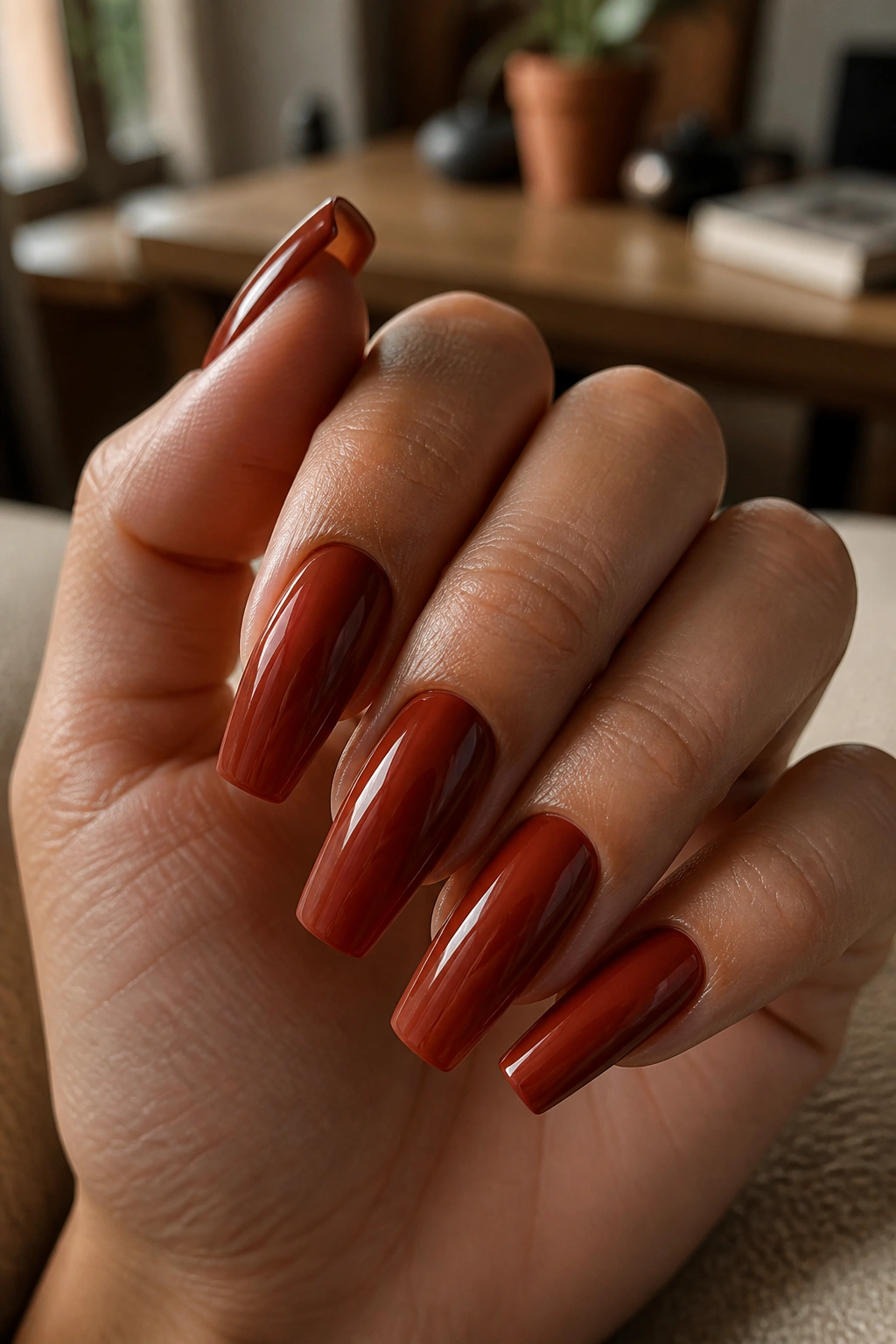 Close-up of warm brick red coffin nails on a real hand