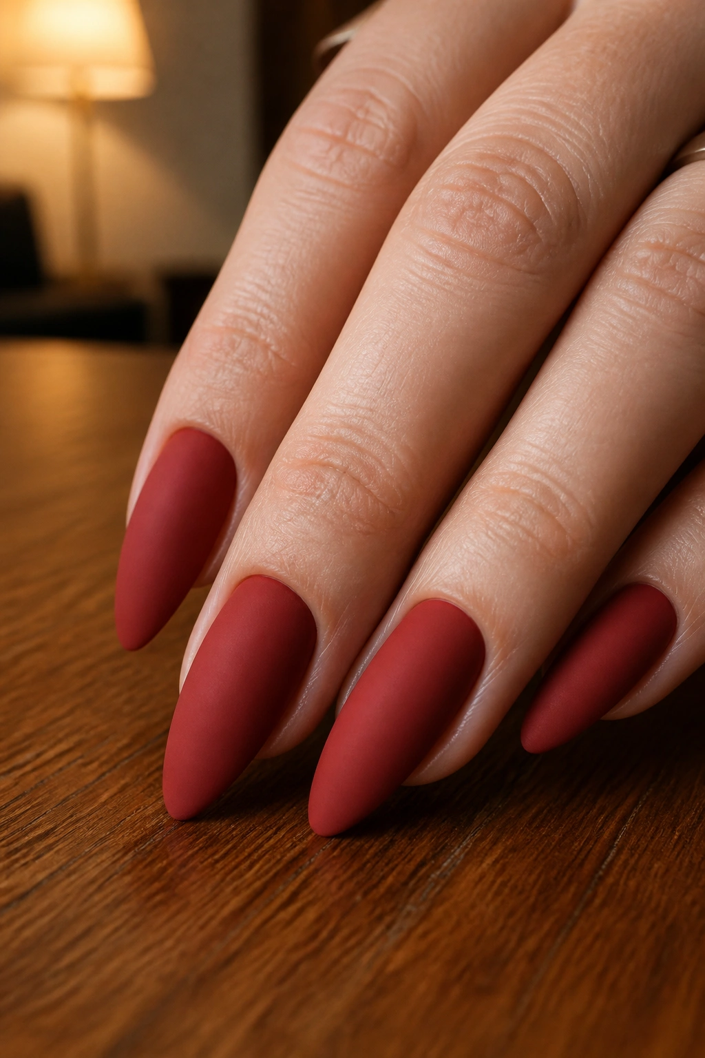 Close-up of matte brick-red almond nails on a real hand