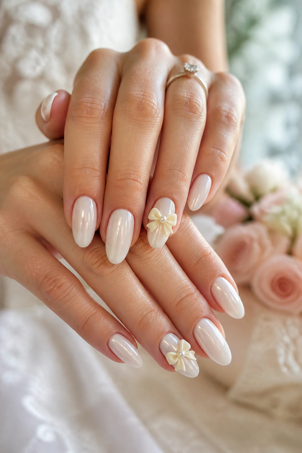 Close-up of bridal ivory almond nails with bows and pearl centers