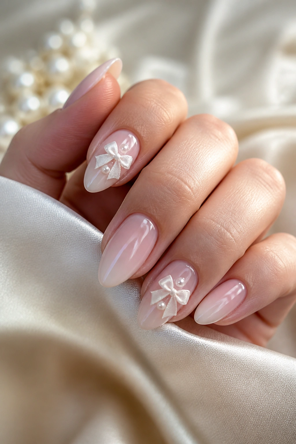 Close-up of milky translucent almond nails with pearls and satin bows on a real hand against bridal satin