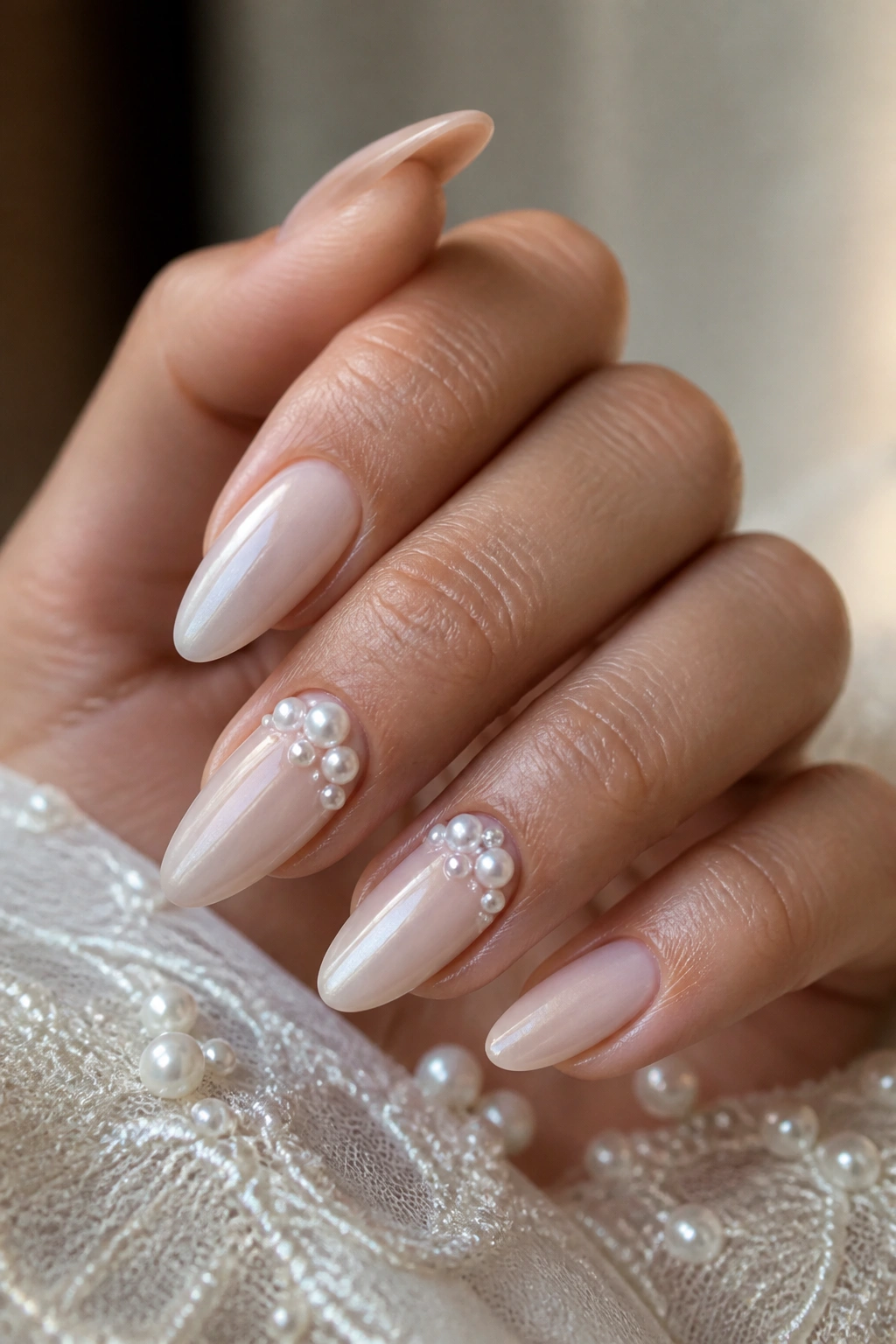 Close-up of a hand with bridal almond nails featuring tiny 3D pearl clusters on a milky nude base.