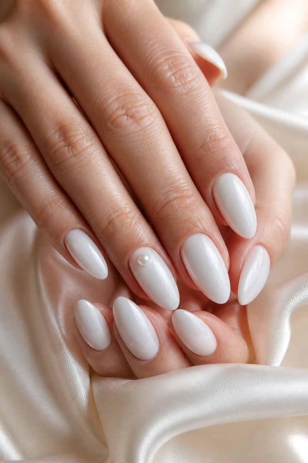 Close-up of hands with bridal-style white almond nails, pearl accent on ivory satin.