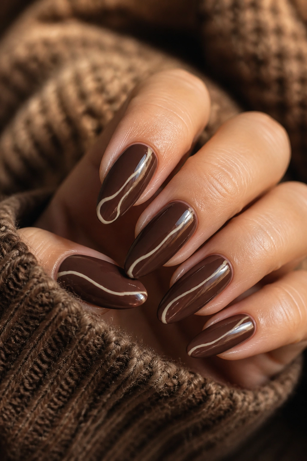 Long almond nails in cocoa brown with cream swirls on a real hand.
