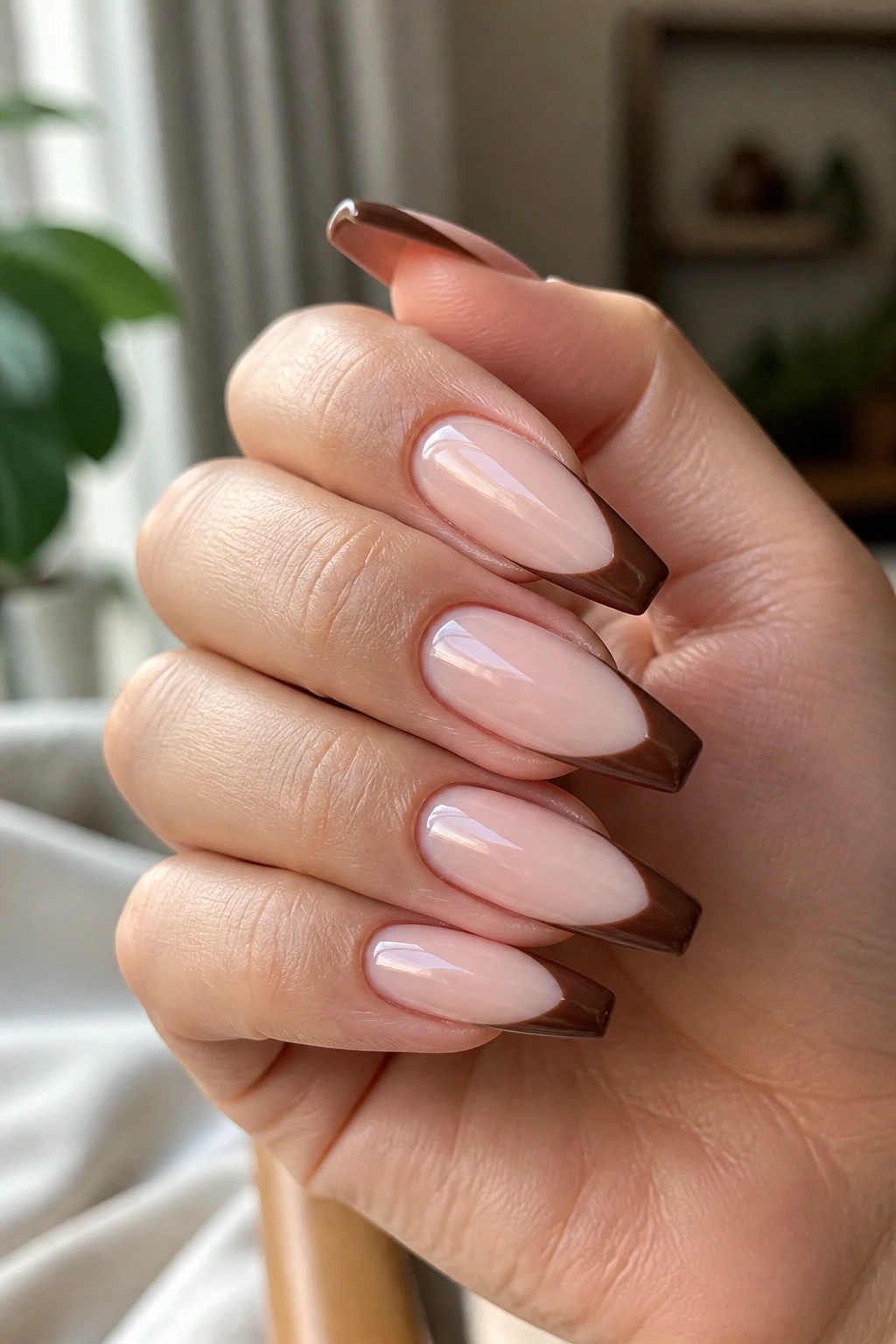 Close-up of brown coffin nails on a hand illustrating how brown flatters coffin shapes