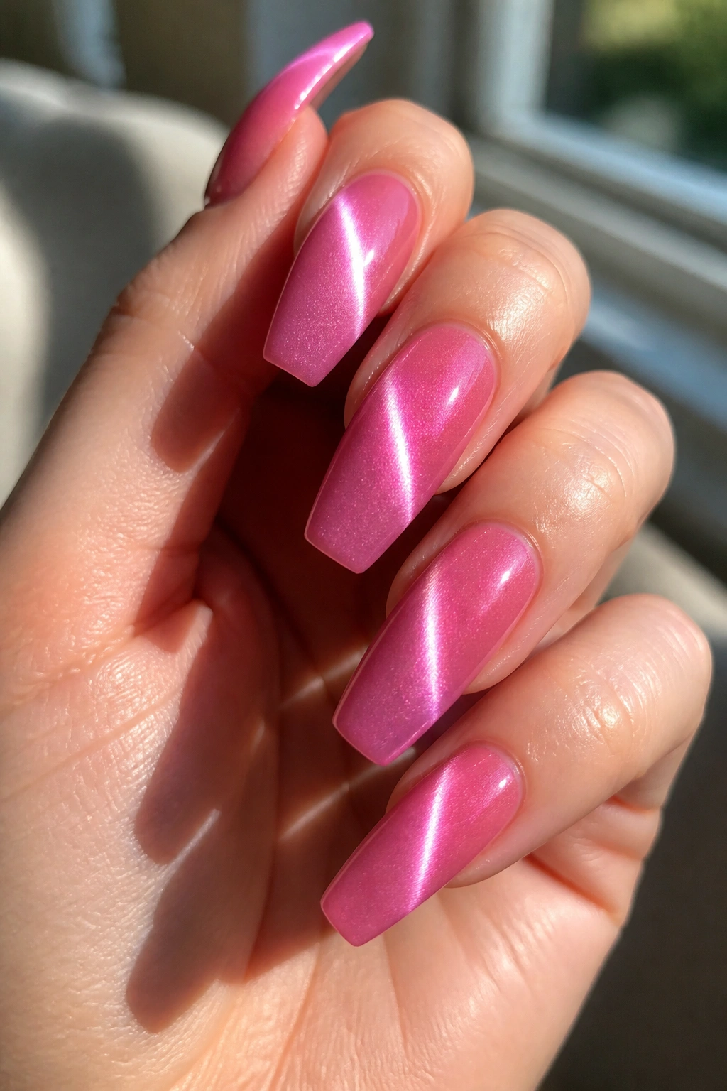 Bubblegum pink nails with diagonal cat-eye beam