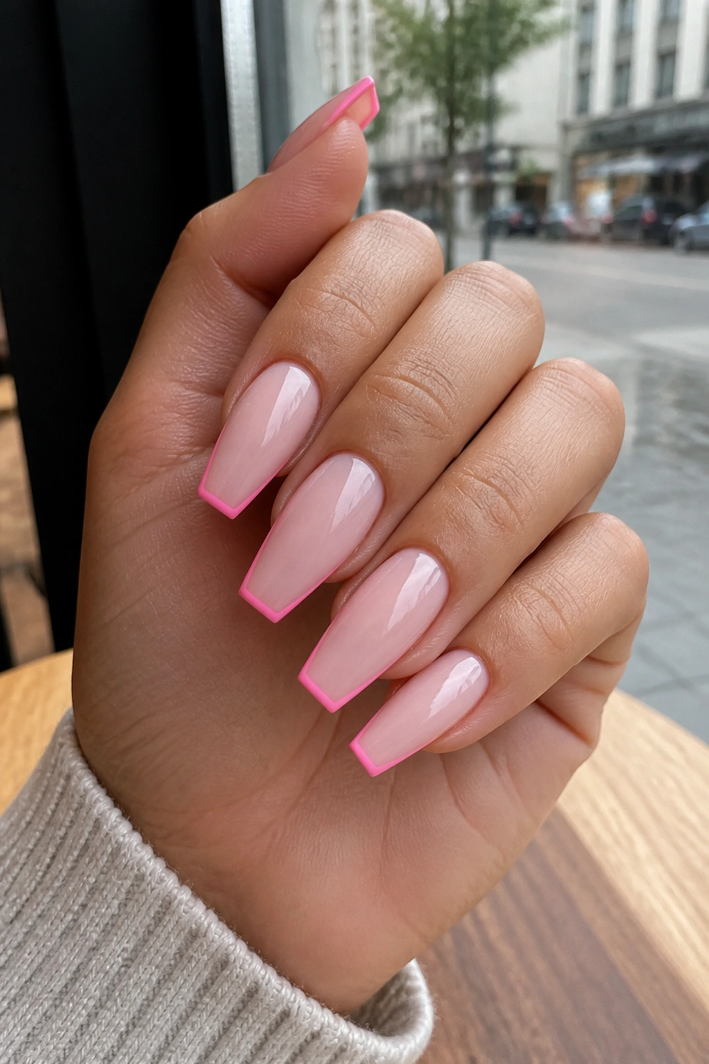 Close-up of bubblegum pink micro-French coffin nails on real hand