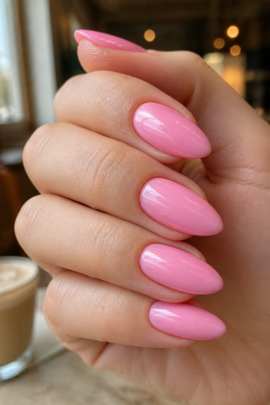 Close-up of a real hand with almond nails in glossy bubblegum pink