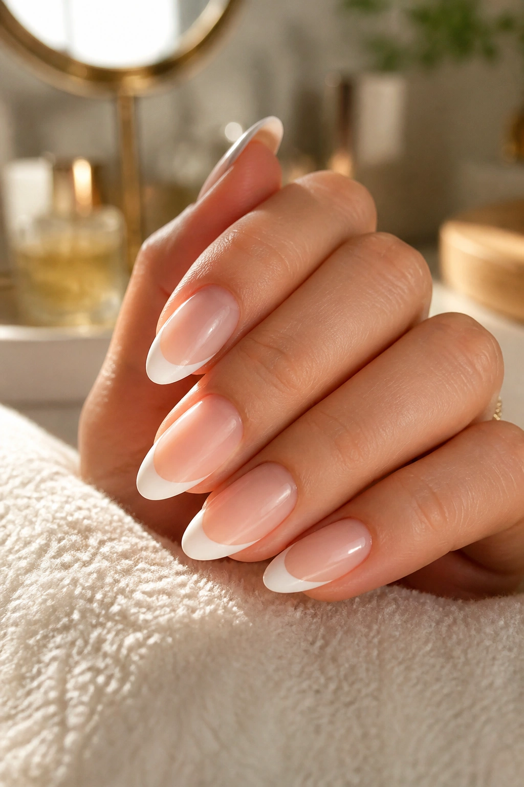 Close-up of almond press-on nails with white tips on real hand