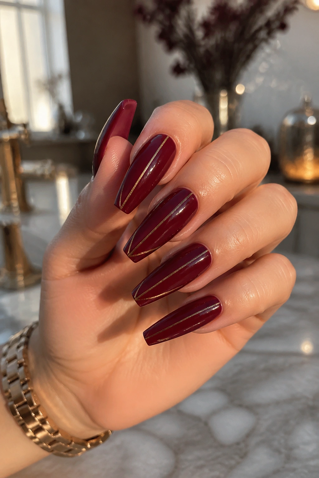 Close-up of burgundy coffin nails with thin gold striping on a real hand at a vanity