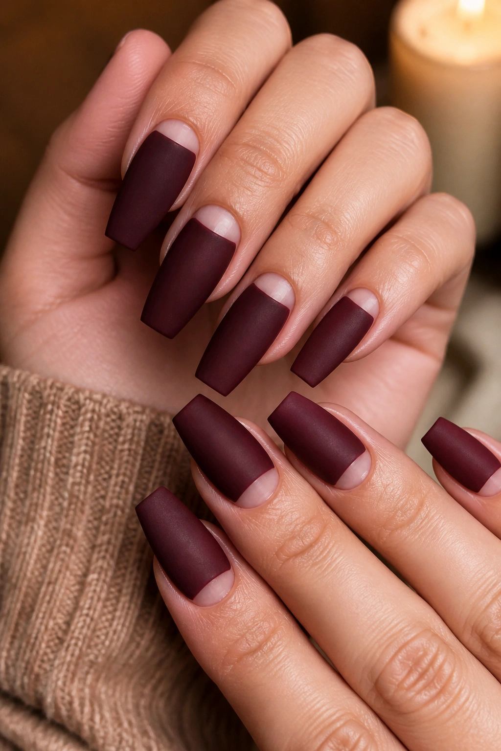 Close-up of burgundy matte coffin nails with negative-space half moons