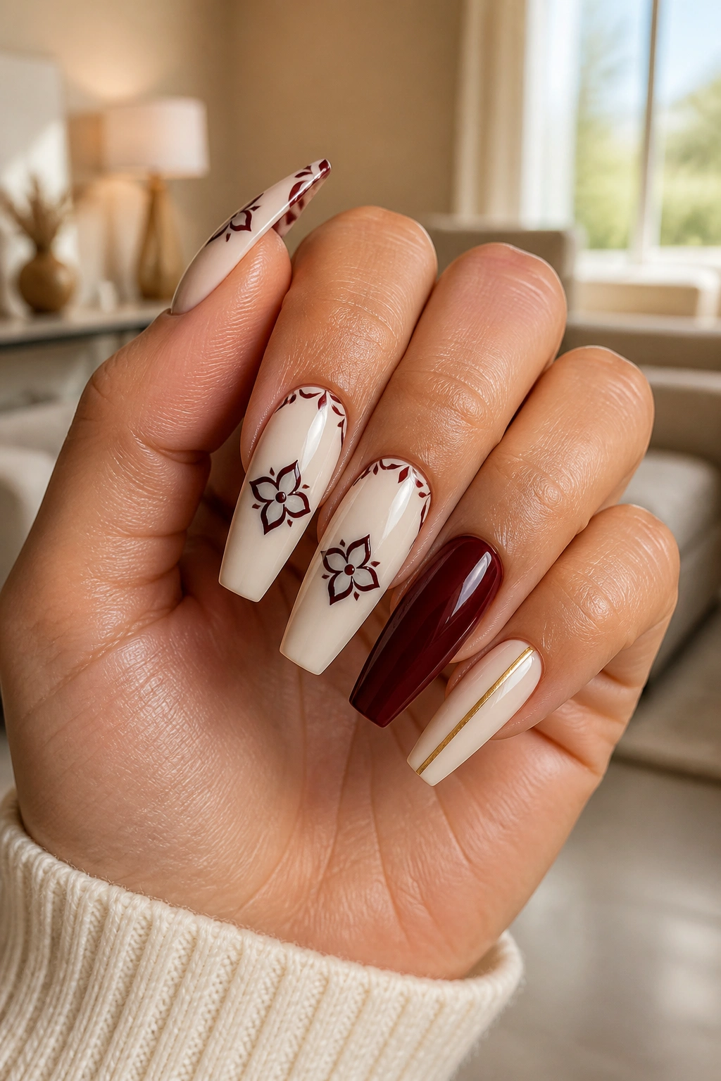 Monogram-inspired burgundy cream coffin nails on a real hand