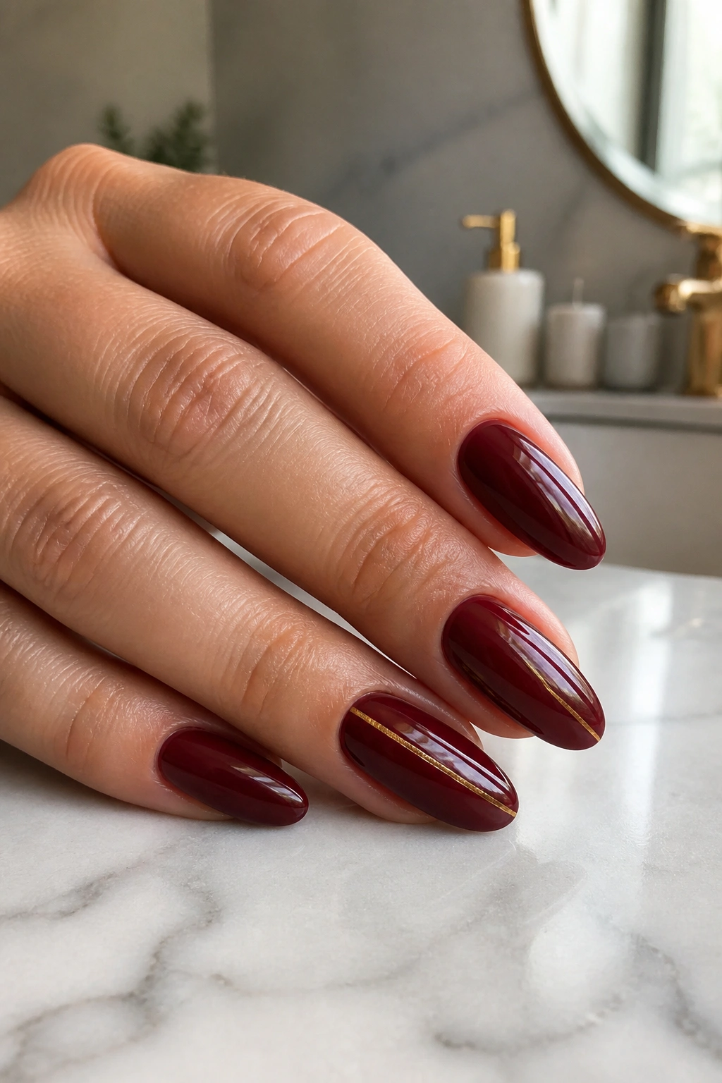 Close-up of burgundy almond nails with a slim gold stripe on accent nails on a real hand