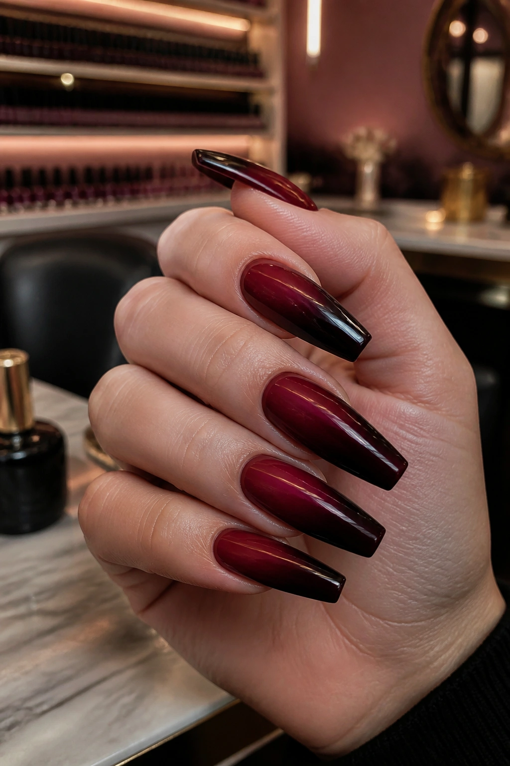 Close-up of burgundy to black cherry ombre coffin nails on a real hand in a salon