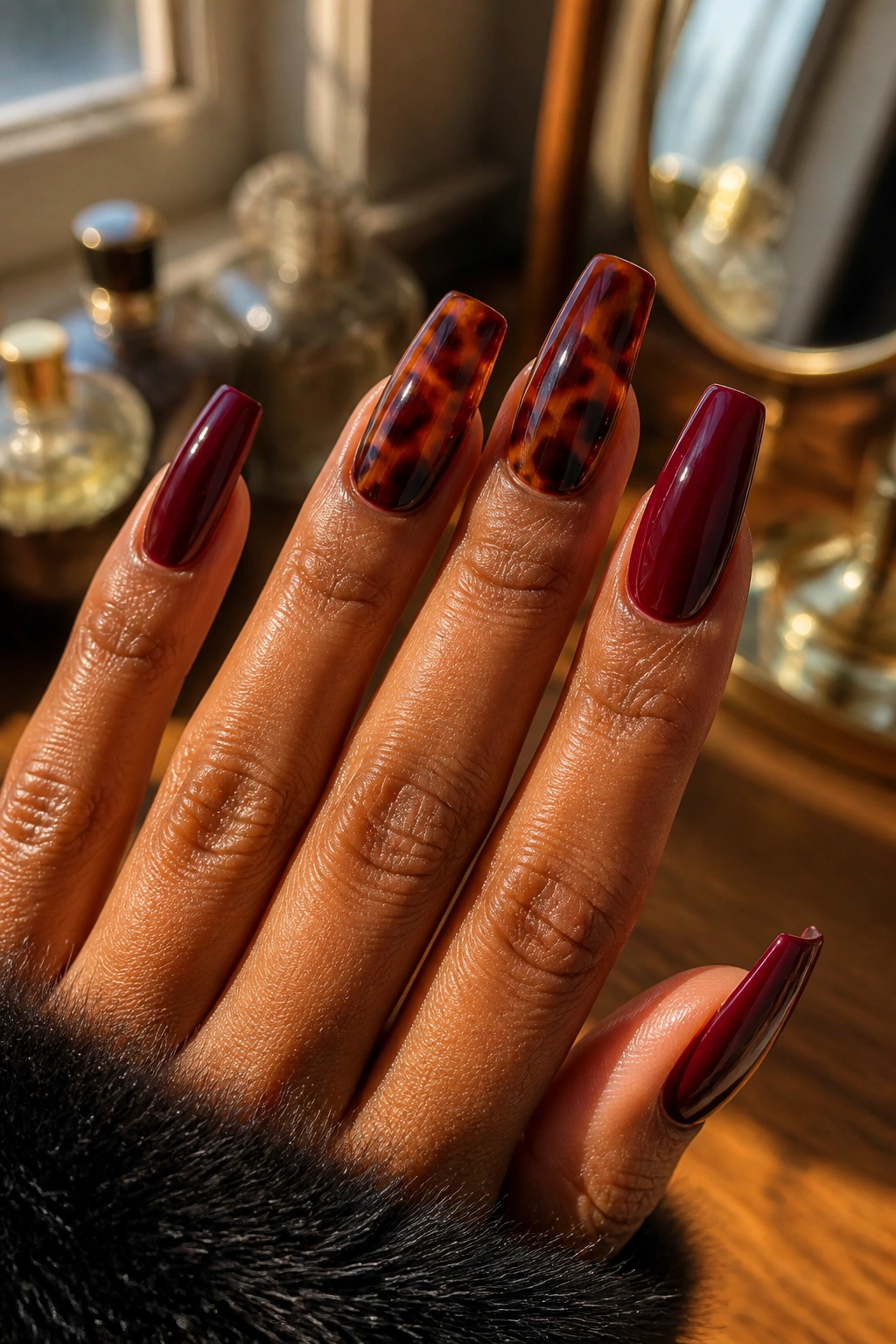 Close-up of burgundy coffin nails with tortoiseshell accents on a real hand