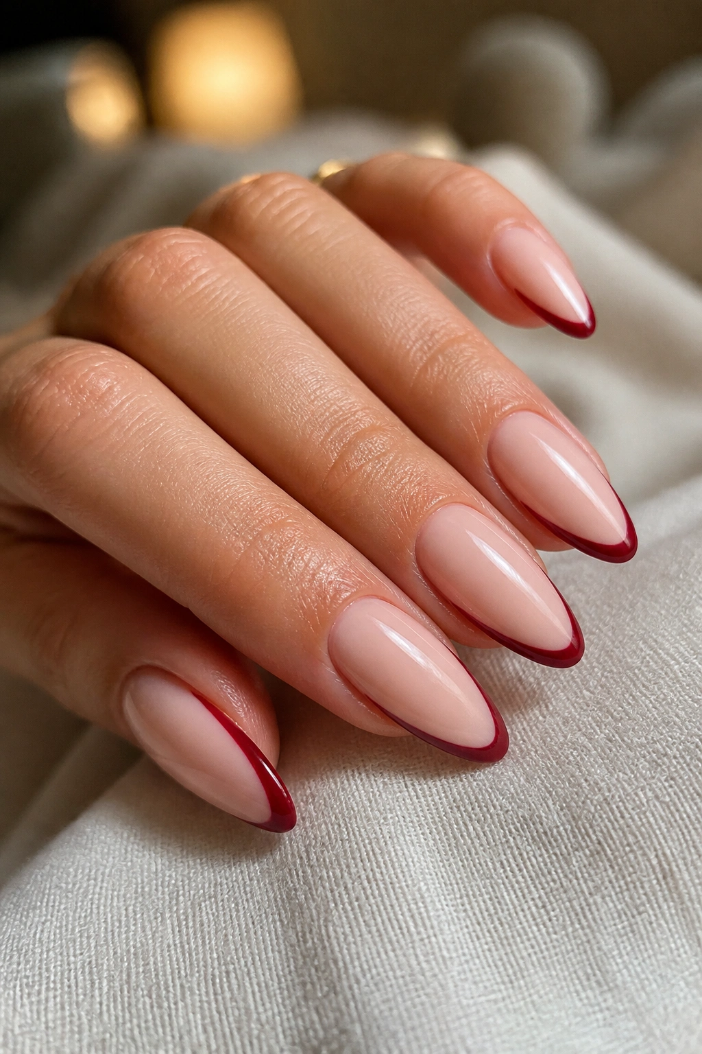 Close-up of nude base nails with burgundy outline on a real hand