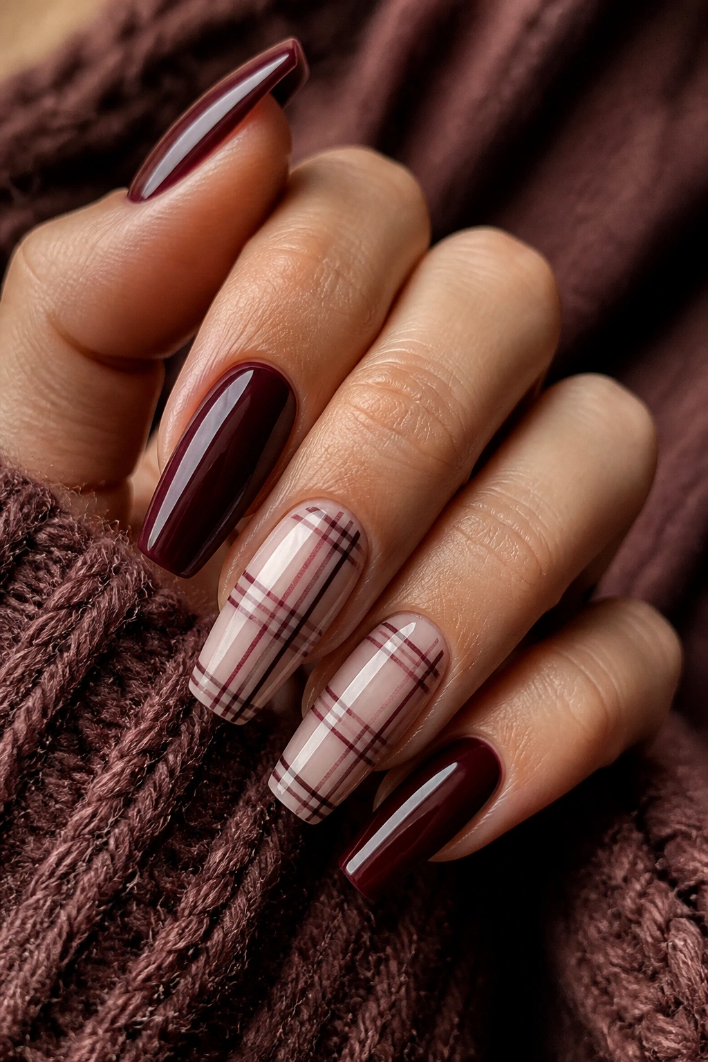 Close-up of burgundy plaid coffin nails on real hand