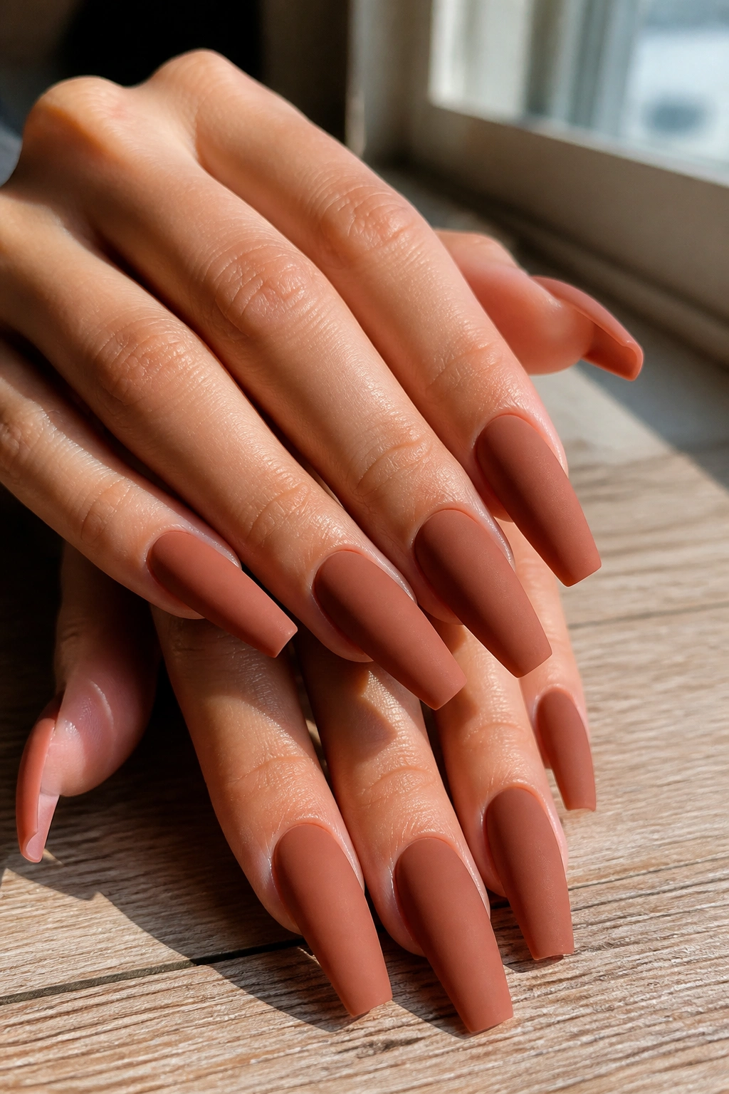 Close-up of burnt terracotta matte coffin nails on a hand