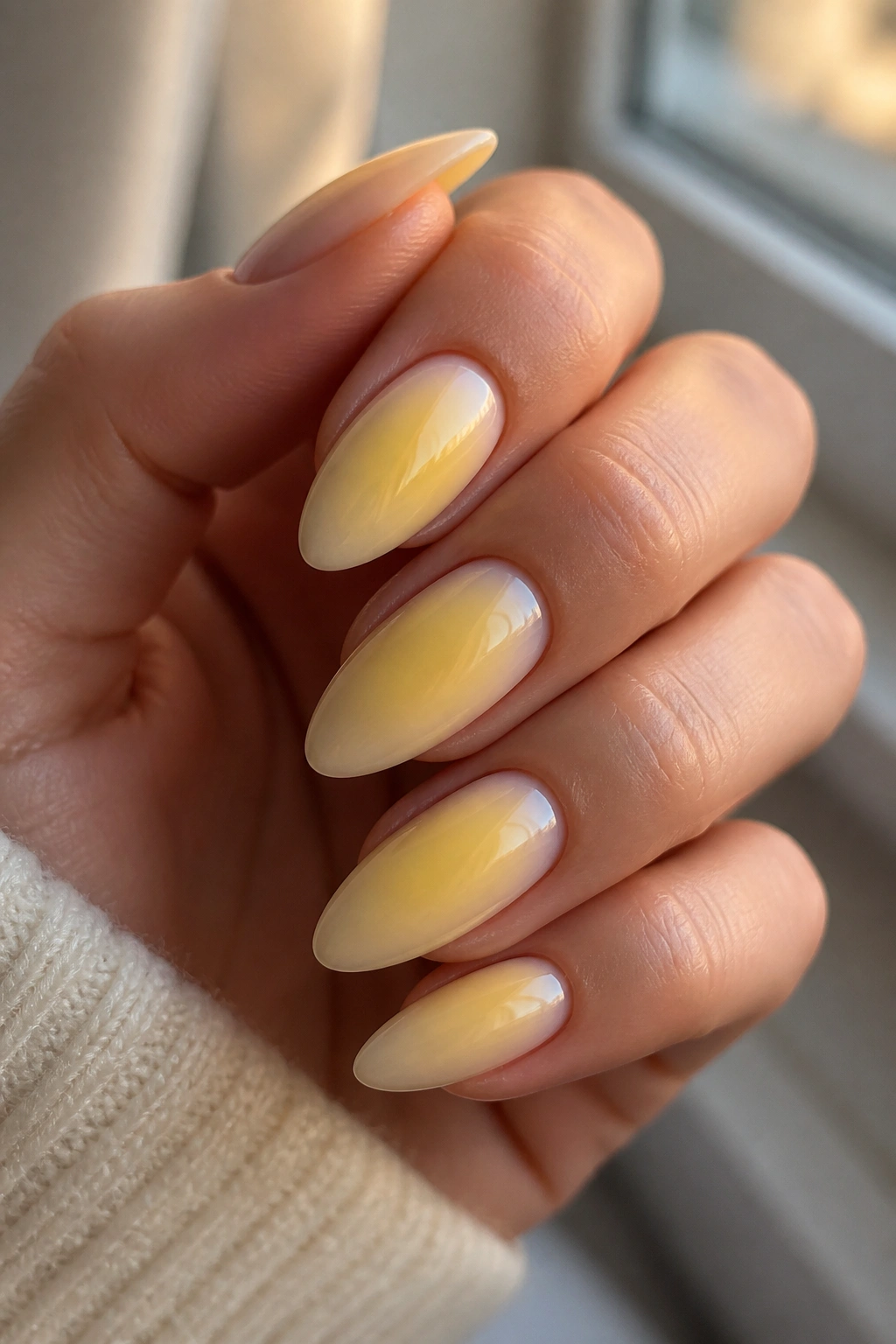 Close-up of almond nails with a soft butter-yellow aura on a milky base.