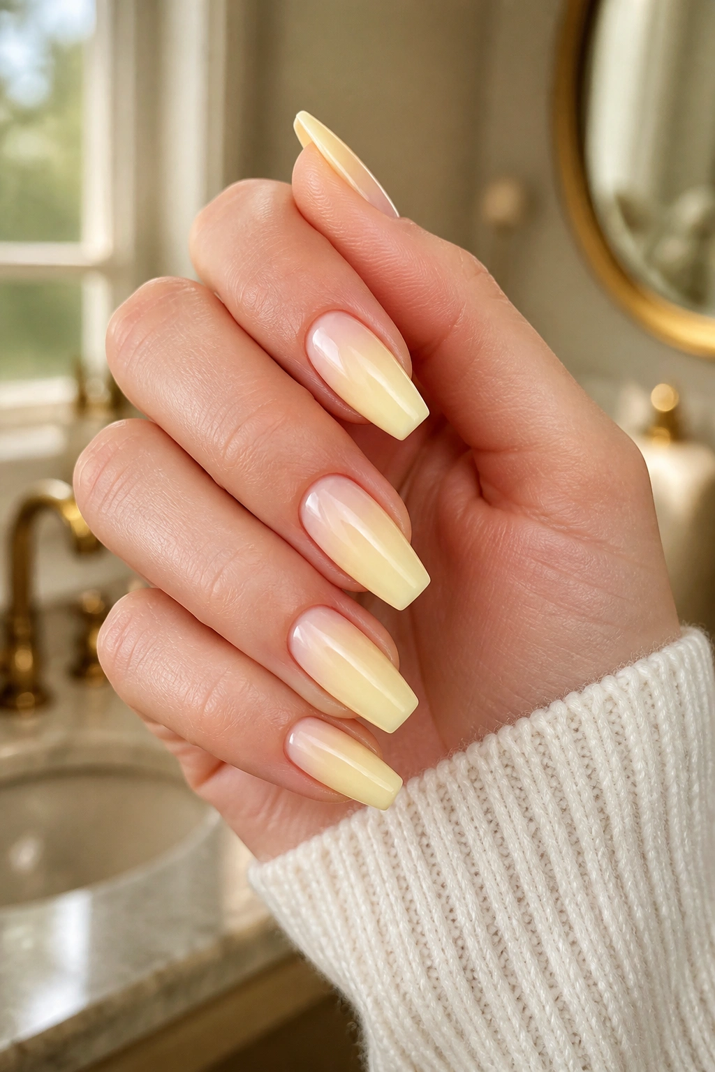 Close-up of real hand with butter yellow coffin nails over a sheer pink base, warm bathroom lighting