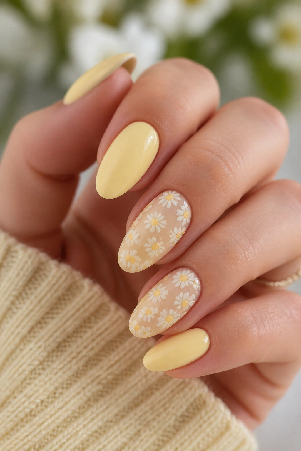 Almond nails in butter yellow with white daisies and glossy finish