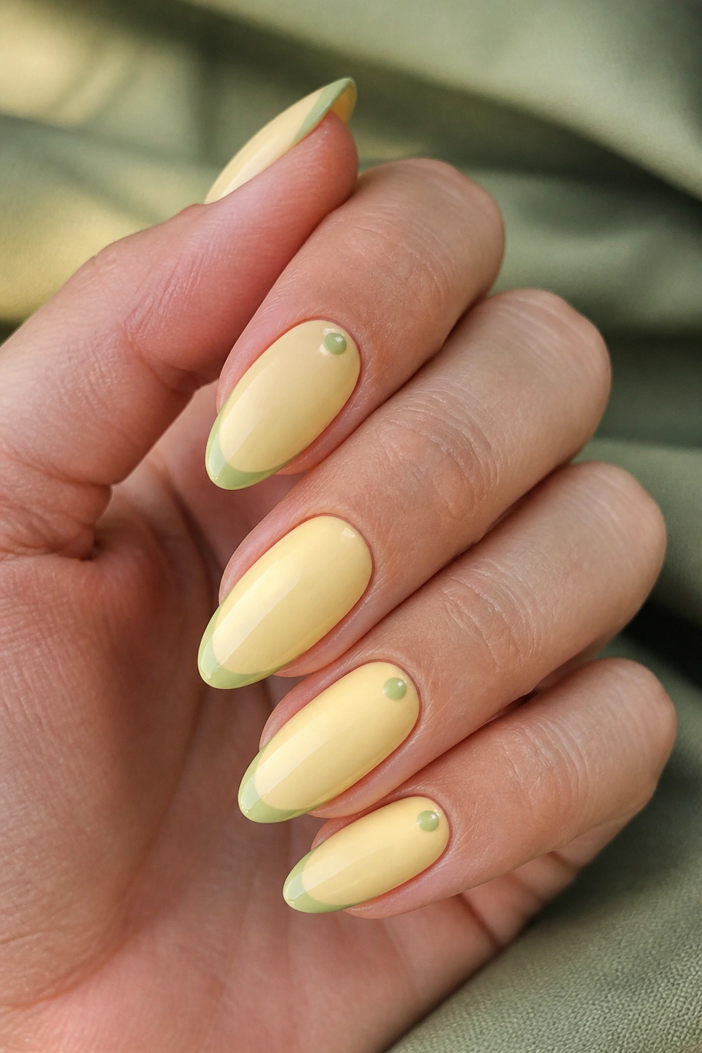 Almond nails with butter-yellow base and sage green accents near tip.