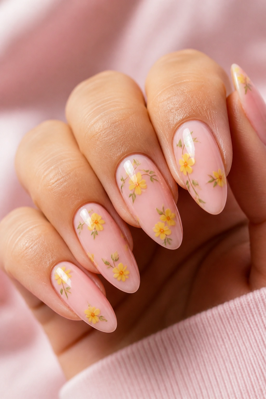 Almond nails with tiny yellow flowers on pink base