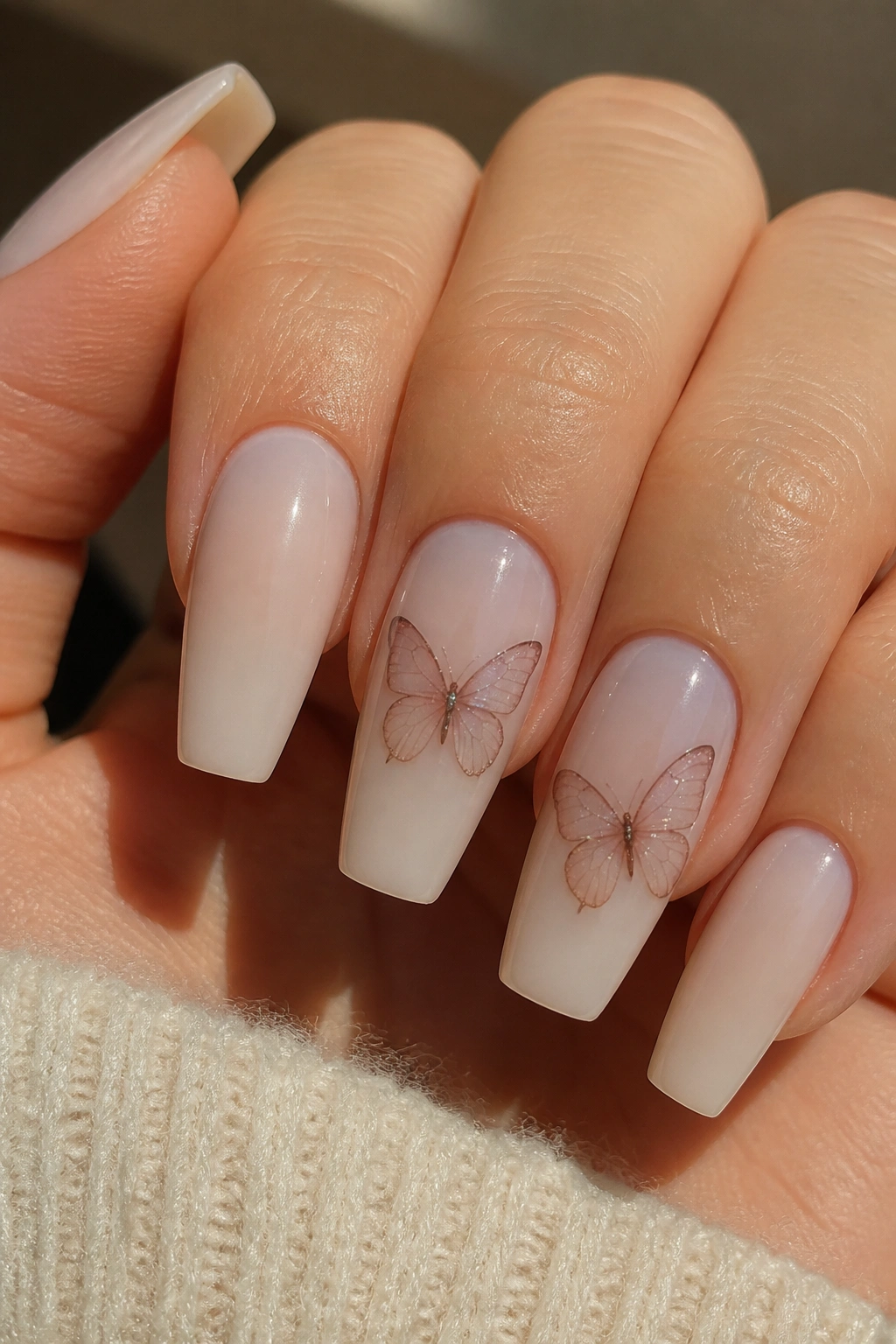 Butterfly decals on milky nude coffin nails on a real hand