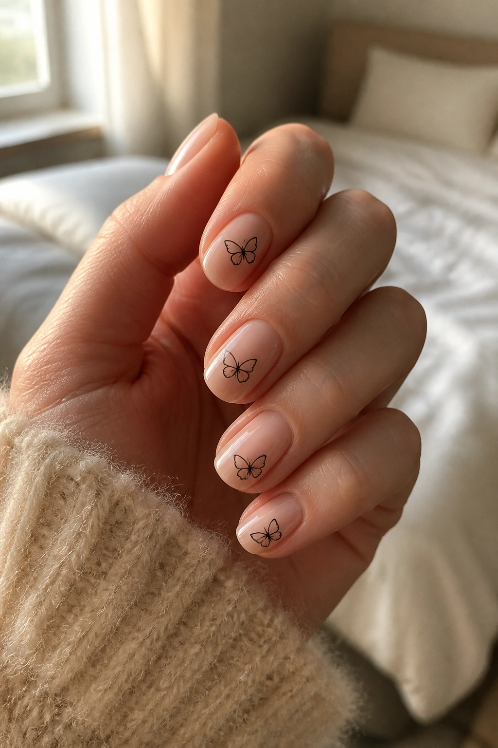 Close-up of a real hand with short oval nails and tiny black butterfly nail art on a sheer nude base