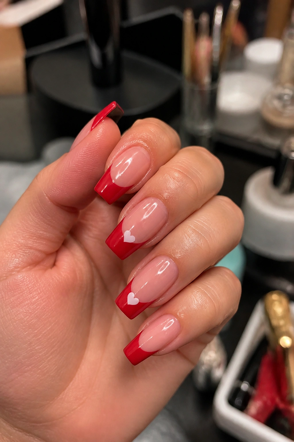 Close-up of coffin nails with candy apple red tips and tiny white hearts on a real hand