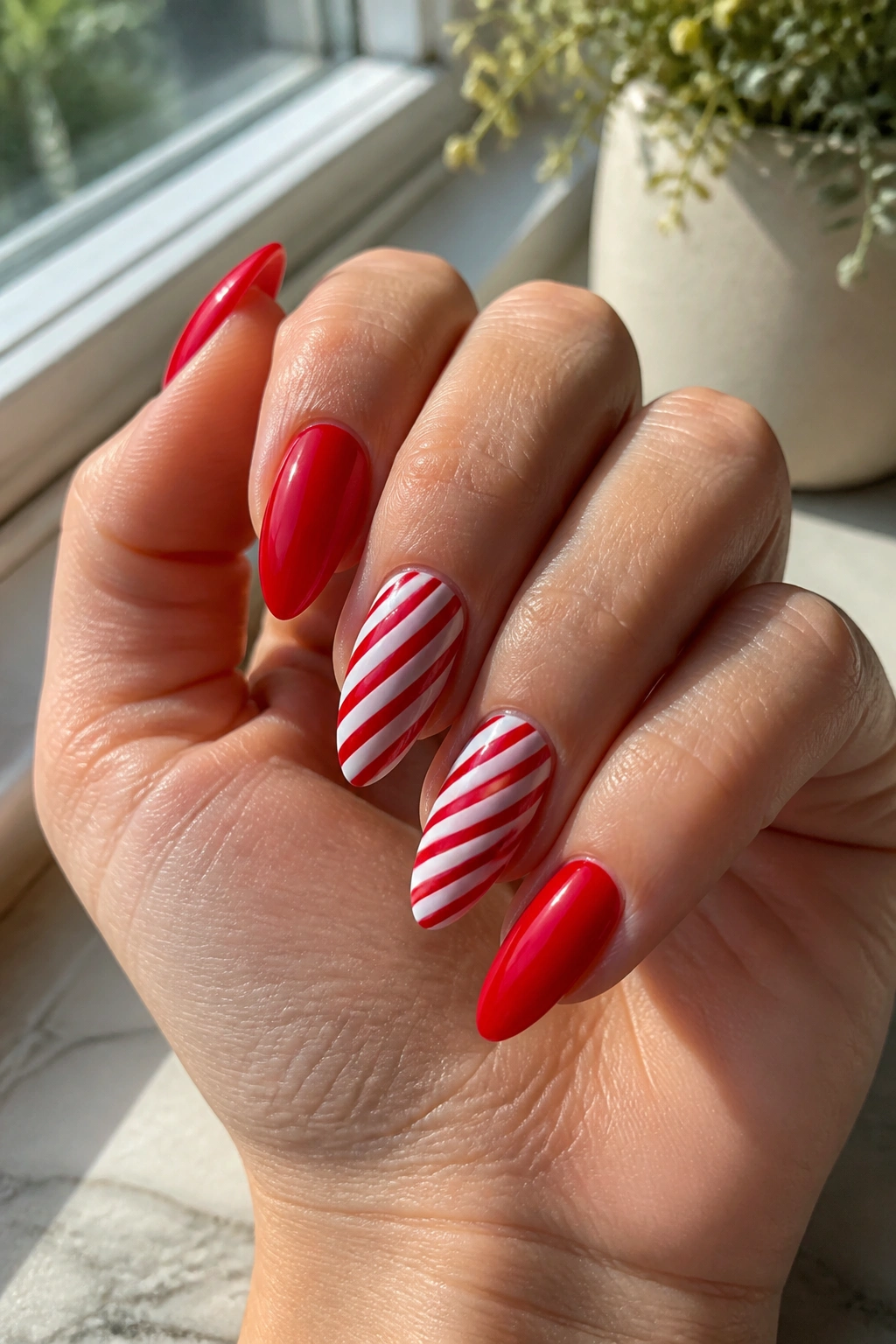 Candy stripe nails on almond nails with red and white stripes