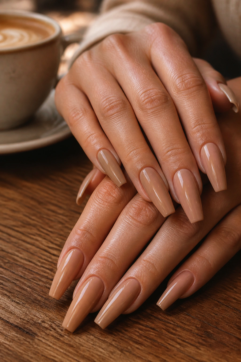 Close-up of caramel latte coffin nails on a real hand in a warm desk setting
