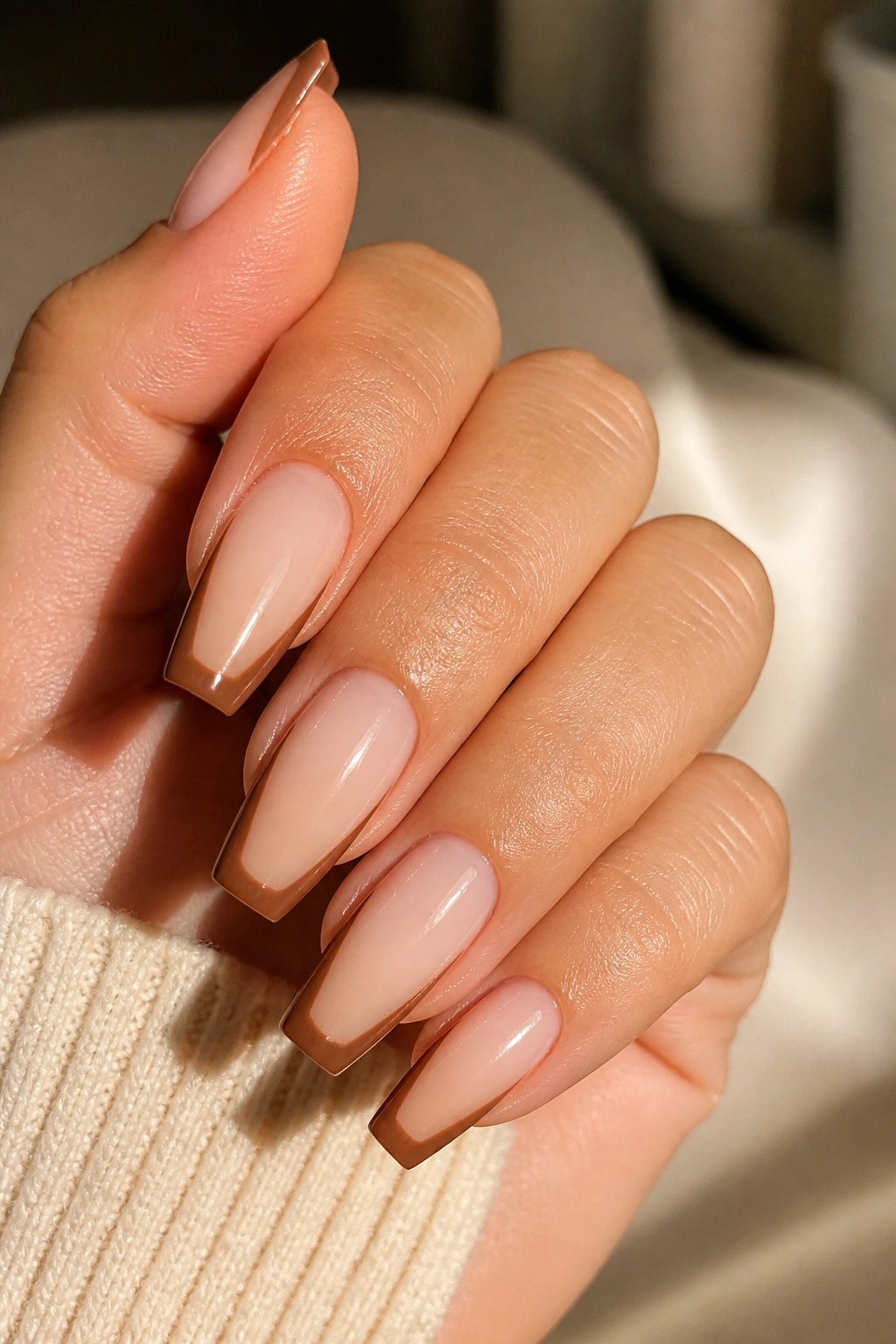 Caramel outline brown French tip on coffin nails