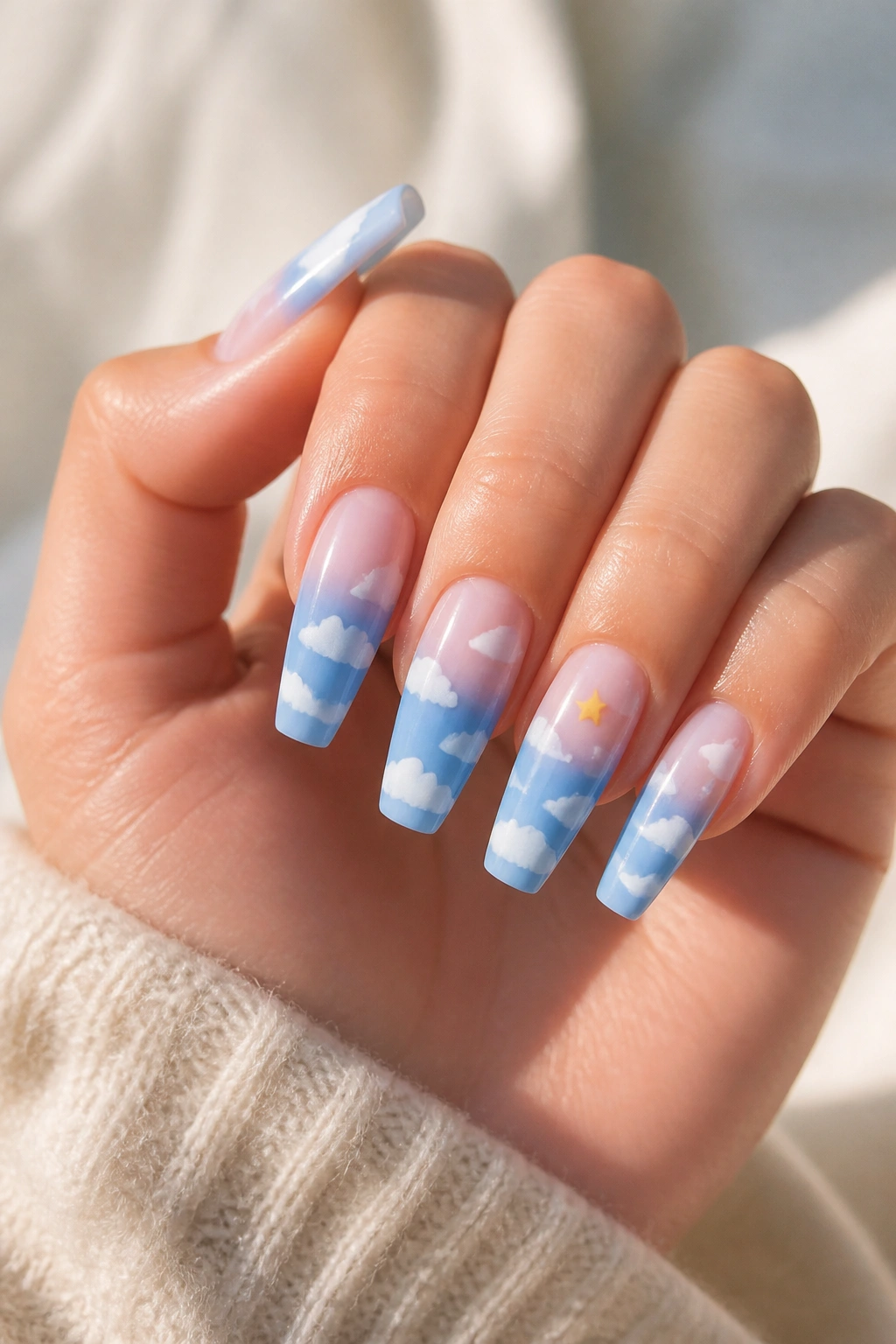 Close-up of cartoon cloud sky nails on a real hand