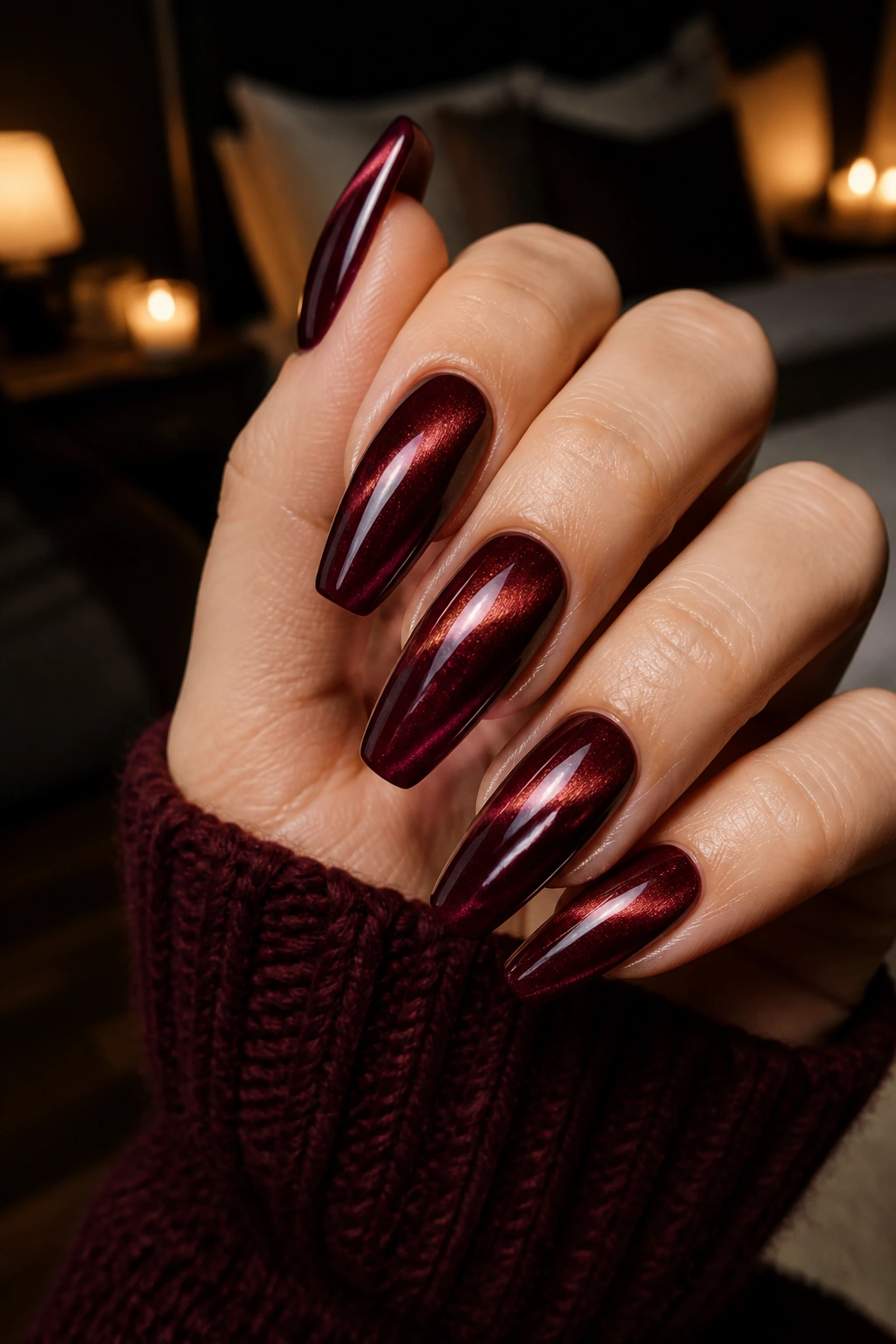 Close-up of velvet cat-eye burgundy coffin nails with magnetic stripe on a real hand in moody lighting