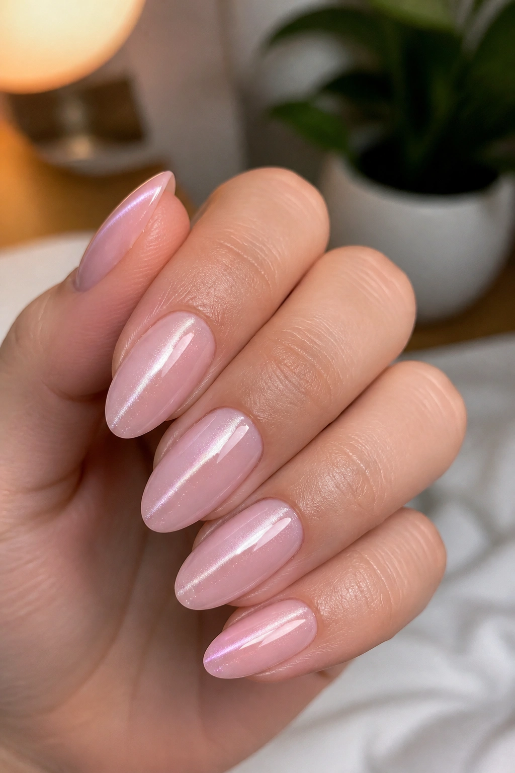 Almond nails with pale rose cat-eye magnet line in soft lighting