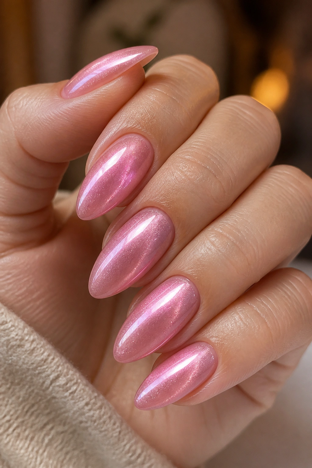 Close-up of an almond nail with pink cat-eye magnetic stripe