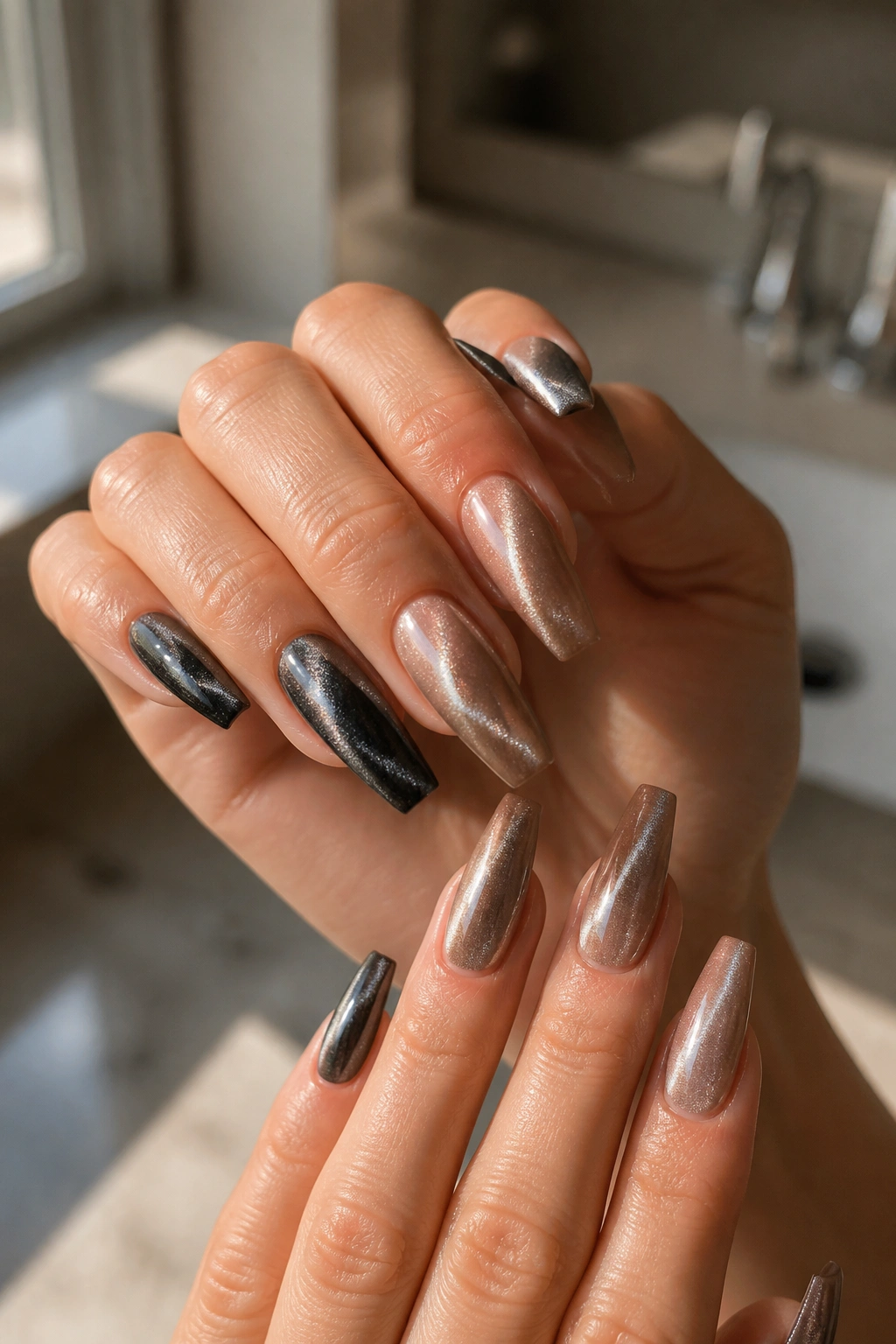 Close-up of real hands displaying cat-eye ballerina nails in neutral tones